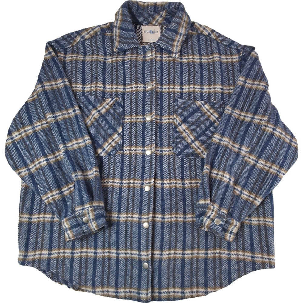 Khaki & Blue Shacket Women Large Blue Plaid Snap Front Flannel Excellent
